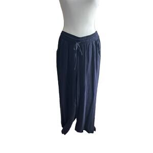 Shabby Chic Linen Blend Pant Small Navy Blue Dress Wide Leg Drawstring Waist NWT